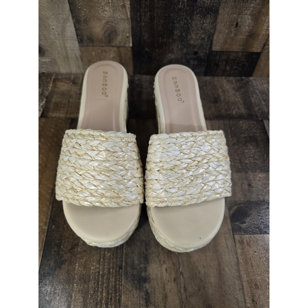 Bamboo Women Cream Woven Raffia Platform Slide Sandals Chunky Block Heel Size‎ 8